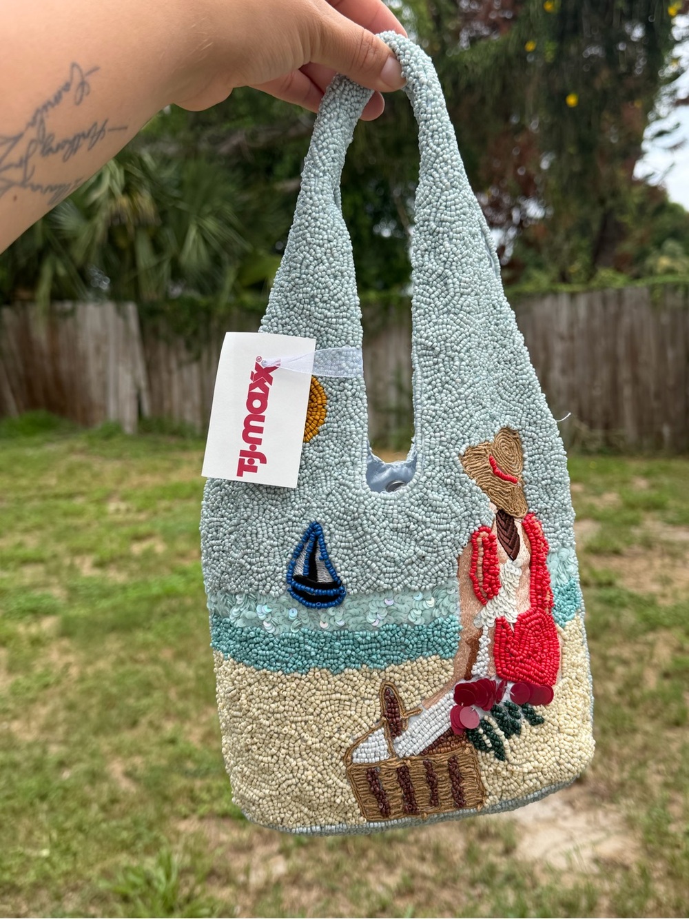 Viral Handcrafted lady at theBeach Tote Bag with Seaside - Light Blue